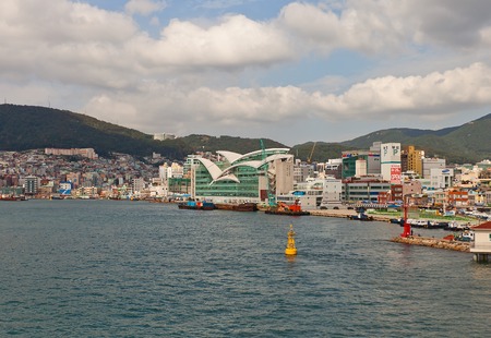 BUSAN, SOUTH KOREA - SEPTEMBER 26, 2014:  Jagalchi Fish Market in Nampo Port of Busan city, Republic of Korea. The largest seafood market in Korea, one of ten landmarks of Busanのeditorial素材