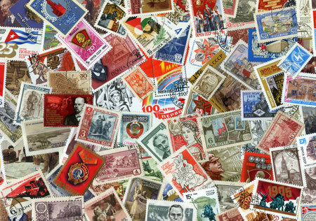 MOSCOW, RUSSIA - NOVEMBER 29, 2014: Background of various post stamps printed in the USSRのeditorial素材
