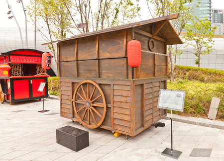 SEOUL, SOUTH KOREA - SEPTEMBER 28, 2014: Japanese food stall Yatai at outdoor exhibition of Dongdaemun Design Plaza (DDP) in Seoul, Korea. Such stall is used for trading of beverages and snacksのeditorial素材