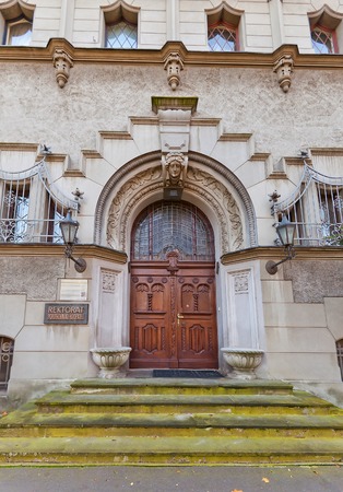 Decorated portal of Rector Office of Lodz University of Technology (Politechnika Lodzka). Former Reinhold Richter Villa (circa1904), design Ignacy Stebelskiのeditorial素材