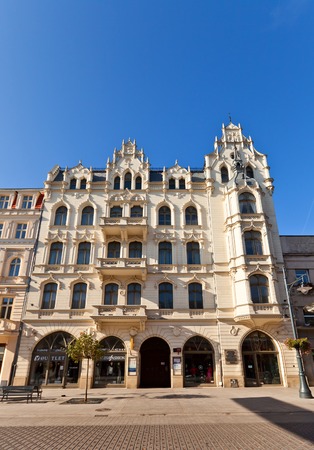 LODZ, POLAND - OCTOBER 19, 2014: Szai Goldblum tenement house (circa 1898) on central Piotrkowska Street in Lodz, Poland. Neogothic design by Gustaw Landau-Gutentegerのeditorial素材