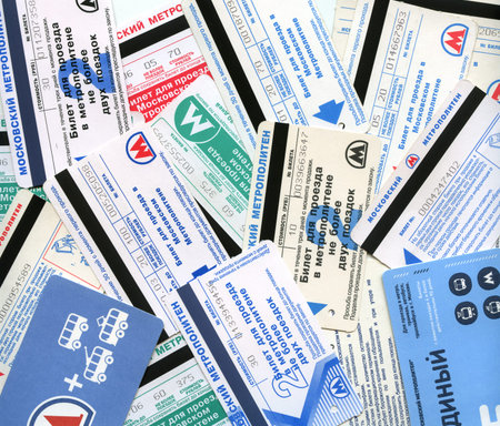 MOSCOW, RUSSIA - DECEMBER 28, 2014: Background of subway tickets of different years of Moscow,...