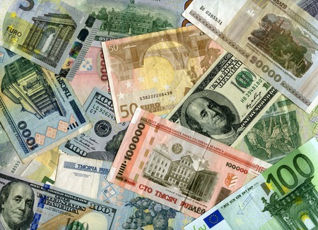 Belarusian banknotes (Rubles), US dollars and European currency (Euro) backgroundの写真素材