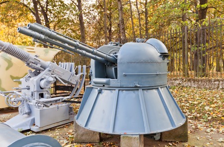 WARSAW, POLAND - OCTOBER 20, 2014:  Soviet fully automatic naval twin 30 mm anti-aircraft gun model AK-230 in Museum of Polish Army in Warsaw, Poland. AK-230 was widely used, mounted on big warships as well as small craftsのeditorial素材