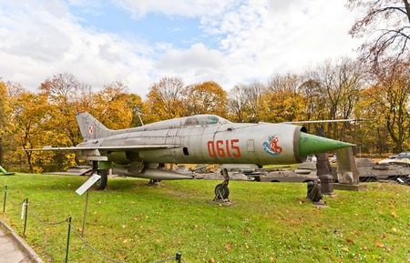 WARSAW, POLAND - OCTOBER 20, 2014:  Soviet supersonic jet fighter aircraft MiG-21 (NATO reporting name Fishbed) in Museum of Polish Army in Warsaw, Poland. The most-produced supersonic jet aircraft in aviation historyのeditorial素材