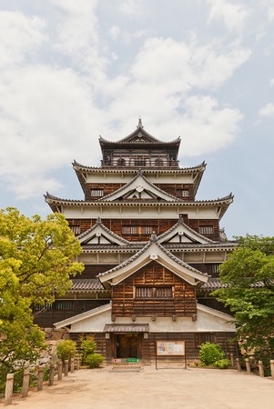 HIROSHIMA, JAPAN - MAY 20, 2015: Main keep of Hiroshima (Carp) Castle in Hiroshima, Japan. National historic site, erected in 1591, destroyed by atomic bomb in 1945, reconstructed in 1958のeditorial素材