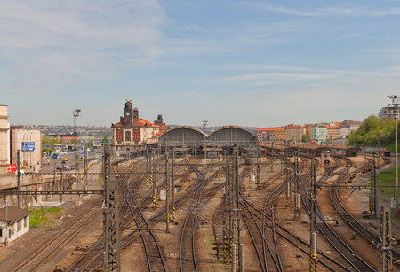 PRAGUE, CZECH REPUBLIC - MAY 07, 2015: View of railway lines of Main Railway Station of Prague (Praha Hlavni Nadrazi, circa 1871)のeditorial素材