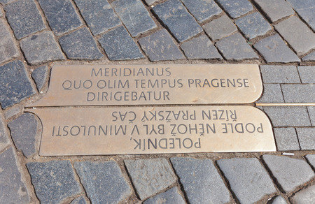 PRAGUE, CZECH REPUBLIC - MAY 11, 2015: Prague Meridian plate on Old Town square of Prague. Used for time determination since 1652のeditorial素材