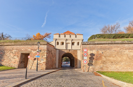 PRAGUE, CZECH REPUBLIC - NOVEMBER 12, 2015: Tabor Gate (Taborska Brana, circa 1683) and defensive walls of Vysehrad fortress in Prague. UNESCO World Heritage Siteのeditorial素材