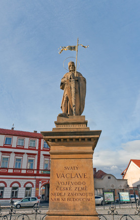 STARA BOLESLAV, CZECH REPUBLIC - NOVEMBER 14, 2015: Statue of Saint Wenceslaus on central Marianske Square of Stara Boleslav town, Czech Republic. Work of sculptor Stanislav Suchardaのeditorial素材