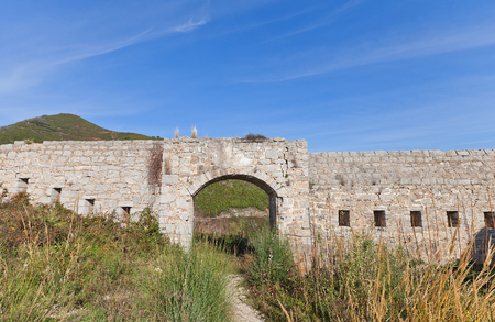 Ruins of Mogren Fort on Mogren Cape near Budva town, Montenegro. Erected in 1860 by Austro-Hungarians, hardly damaged in earthquake of 1979の写真素材