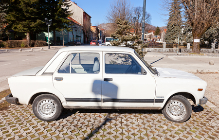 CETINJE, MONTENEGRO - FEBRUARY 06, 2016: Retro car Zastava 128 Skala 55 in Cetinje city, Montenegro. Has been produced since 1971 by Serbian manufacturer Zastava Automobiliのeditorial素材