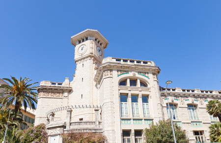 NICE, FRANCE - APRIL 11, 2016: Clock Tower of Lycee Massena in Nice, France. Lycee Massena houses in a former convent of Augustinians, erected in 1623, current view since 1909のeditorial素材