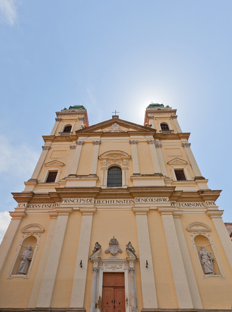VALTICE, CZECH REPUBLIC - MAY 29, 2016: Facade of  the Church of the Annunciation of the Virgin Mary (circa 17th c.) in Valtice, Czech Republic.のeditorial素材