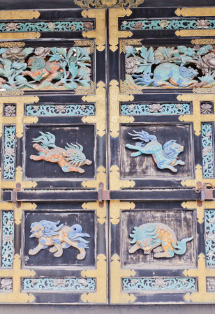KYOTO, JAPAN - JULY 27, 2016: Detail of Karamon Gate (circa 1573) of Nishi Hongan-ji Temple in Kyoto.のeditorial素材