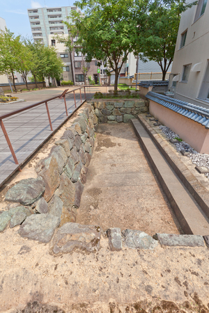 FUKUI, JAPAN - AUGUST 02, 2016: Excavated site of former Kitanosho castle in Fukui, Japan. Castle was founded in 1575, but burnt down when Shibata Katsue lost the Battle of Shizugatake in 1583のeditorial素材