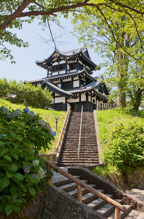 JOETSU, JAPAN - AUGUST 04, 2016: Reconstructed turret of Takada Castle in Joetsu, Japan. Castle was erected in 1614 by Matsudaira Tadateru, demolished in 19th c., partly reconstructed nowadaysのeditorial素材