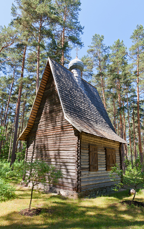 RIGA, LATVIA - JUNE 13, 2016: Wooden orthodox church (circa 1930s) of Rogovka village in Latvia. Exhibited in Ethnographic Open-Air Museum of Latvia since 1974のeditorial素材
