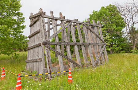 MORIOKA, JAPAN - MAY 22, 2017: Framework used for reconstruction of clay wall (tsuijibei) of Shiwa Castle in Morioka, Japan. Castle was erected in 803 against local emishi tribes and abandoned in 811のeditorial素材
