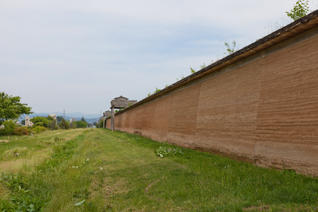 MORIOKA, JAPAN - MAY 22, 2017: Reconstructed clay wall (tsuijibei) and watchtowers of Shiwa Castle in Morioka, Japan. Castle was erected in 803 against local emishi tribes and abandoned in 811のeditorial素材