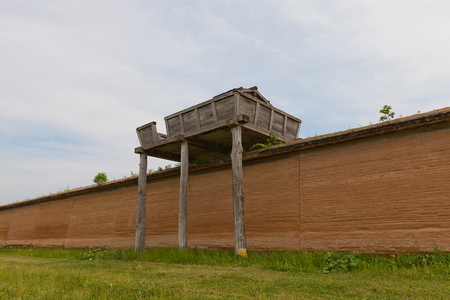 MORIOKA, JAPAN - MAY 22, 2017: Reconstructed watchtower and clay wall (tsuijibei) of Shiwa Castle in Morioka, Japan. Castle was erected in 803 against local emishi tribes and abandoned in 811のeditorial素材
