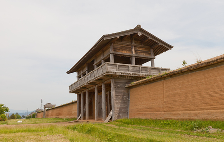 MORIOKA, JAPAN - MAY 22, 2017: Reconstructed Outer South Gate and clay wall (tsuijibei) of Shiwa Castle in Morioka, Japan. Castle was erected in 803 against local emishi tribes and abandoned in 811のeditorial素材