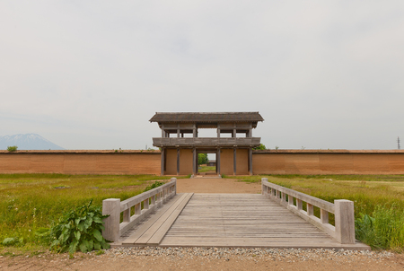 MORIOKA, JAPAN - MAY 22, 2017: Reconstructed Outer South Gate and clay wall (tsuijibei) of Shiwa Castle in Morioka, Japan. Castle was erected in 803 against local emishi tribes and abandoned in 811のeditorial素材