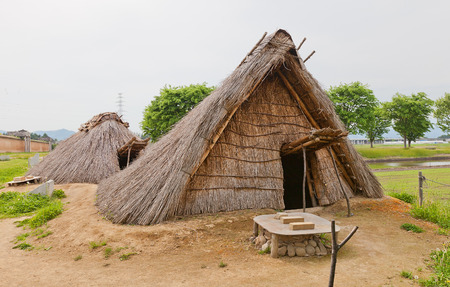 MORIOKA, JAPAN - MAY 22, 2017: Reconstructed residential barracks (9th c.) of Shiwa Castle in Morioka, Japan. Castle was erected in 803 against local emishi tribes and abandoned in 811のeditorial素材