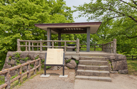 HIROSAKI, JAPAN - MAY 23, 2017: Site of former Honmaru Inui Turret of Hirosaki Castle, Japan. Castle was erected by Tsugaru Nobuhira in 1611, designated National Historic Site in 1952のeditorial素材