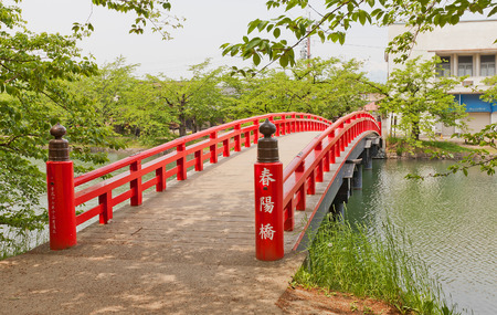 HIROSAKI, JAPAN - MAY 23, 2017: Shunyo-bashi Bridge of Hirosaki Castle, Japan. Castle was erected by Tsugaru Nobuhira in 1611, designated National Historic Site in 1952のeditorial素材