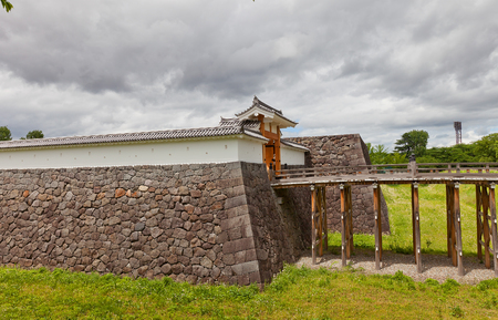 YAMAGATA, JAPAN - MAY 28, 2017: Reconstructed Otebashi Bridge (2005) and Ichimonji Gate (2014) of Main Bailey of Yamagata Castle (founded in 1356). National historical site of Japan since 1986のeditorial素材