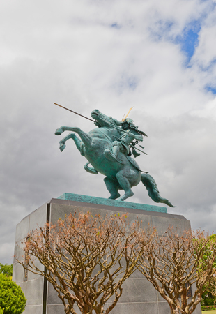 YAMAGATA, JAPAN - MAY 28, 2017: Equestrian statue of Mogami Yoshiaki in Yamagata Castle, Japan. Yoshiaki (1546-1614) was a samurai and the first lord of the Yamagata Domain in Dewa Provinceのeditorial素材