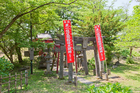 AIZUWAKAMATSU, JAPAN - MAY 30, 2017: Inari Shinto Shrine in Aizu-Wakamatsu Castle, Japan. Inari is goddess of fertility, rice, tea, sake, agriculture, industry, general prosperity and worldly successのeditorial素材