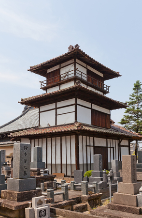 AIZUWAKAMATSU, JAPAN - MAY 30, 2017: Survived Gosangai Turret of Aizu-Wakamatsu Castle (Tsuruga-jo, founded in 1384), Japan. Was relocated to Amida-ji Temple in 1686のeditorial素材