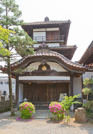 AIZUWAKAMATSU, JAPAN - MAY 30, 2017: Survived Gosangai Turret of Aizu-Wakamatsu Castle (Tsuruga-jo, founded in 1384), Japan. Was relocated to Amida-ji Temple in 1686のeditorial素材