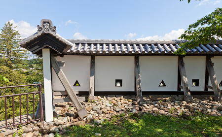 SHIRAKAWA, JAPAN â JUNE 2, 2017: Reconstructed earthen walls of Shirakawa (Komine) Castle, Japan. Castle was founded in 1340, rebuilt in 1627, destroyed in war of 1868 and reconstructed in 1991のeditorial素材