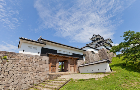 Reconstructed Donjon and Main Gate of Shirakawa (Komine) Castle, Japan. Castle was founded in 1340, rebuilt in 1627, destroyed in war of 1868 and reconstructed in 1991のeditorial素材