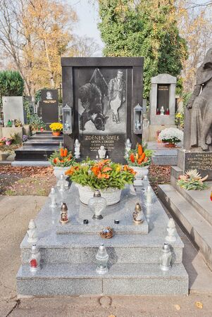 Prague, Czech Republic - November 4, 2017: Tomb of Zdenek Simek (1945-1990) on Olsany Cemetery in Prague. Simek was a Czech circus artist and animal tamerのeditorial素材