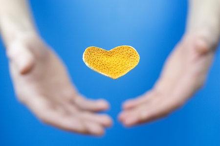 Heart made of citrus and blurred image of open palms on a blue background.の写真素材