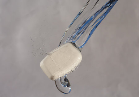 Laminar water flow interacts with cream-colored soap.の写真素材