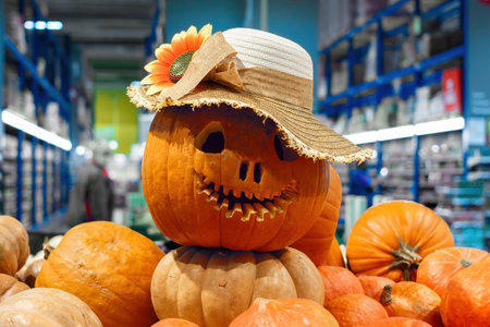 Pumpkin head in a straw hat on the counter in a store among other pumpkins. Halloween decoration.の写真素材