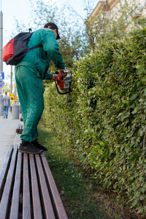Gardener in green clothes trims a bush in the city with a trimmer.