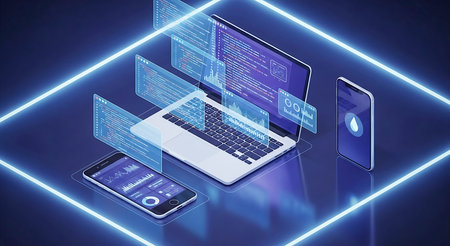 Isometric view of a laptop and two smartphones displaying code and data visualizations within a glowing blue neon grid.の素材