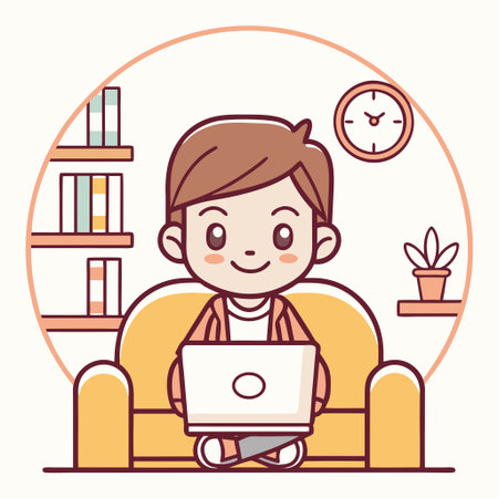 A cartoon boy sits comfortably on a couch with a laptop, surrounded by a bookshelf, clock, and plant, indicating a home learning or work environment.のイラスト素材