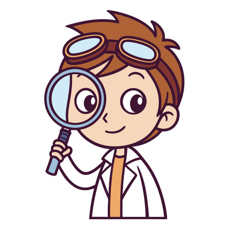 A cartoon boy wearing a lab coat and goggles holds a magnifying glass to his eye, looking curious and engaged in scientific exploration.のイラスト素材