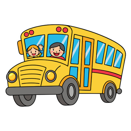 A bright yellow cartoon school bus is depicted with two smiling children inside, one waving, driving forward.のイラスト素材