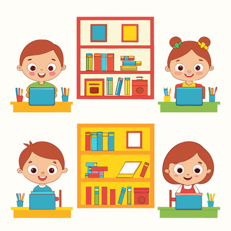 Four cartoon children are seated at desks with laptops, with bookshelves filled with books behind them, on a white background.のイラスト素材