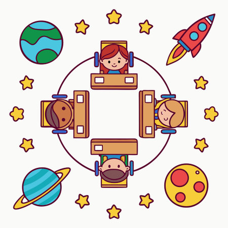 Four children are seated in a circular spaceship, surrounded by planets, a rocket, and stars, suggesting a space exploration theme.のイラスト素材