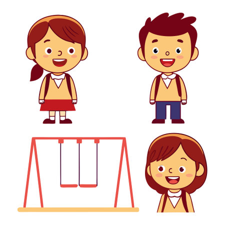 A group of diverse cartoon children and a playground swing set are depicted against a white background.のイラスト素材