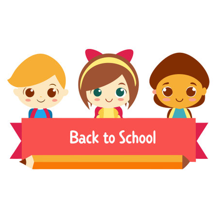 Back to school banner with cute cartoon kids. Vector flat illustration.のイラスト素材